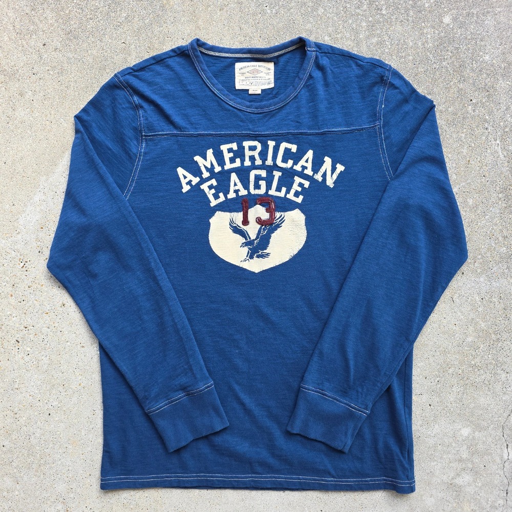 Vintage Y2K American Eagle Long Sleeve T-shirt Mens M Navy Blue Felt Lettering